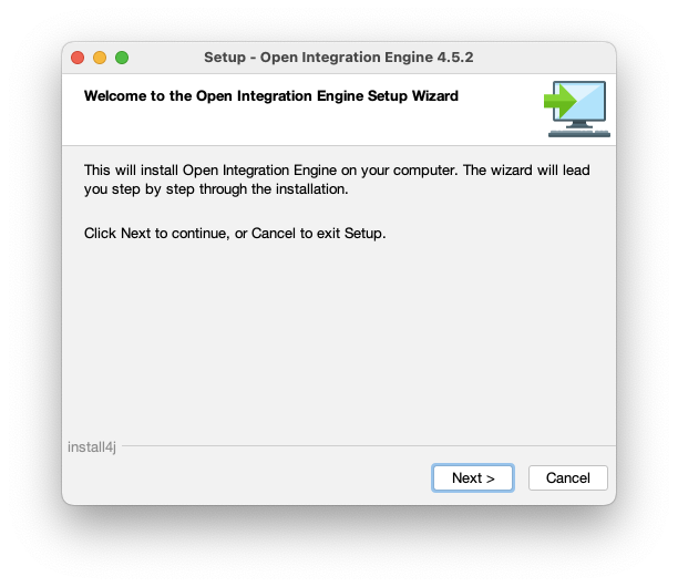 Open Integration Engine Installer Setup window displaying welcome message with Next button highlighted