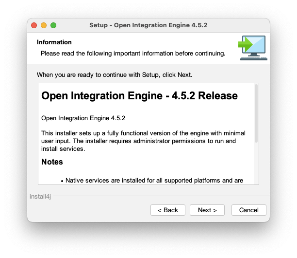 Information screen showing details of Open Integration Engine 4.5.2 Release