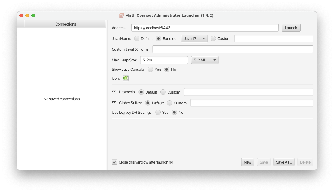 MCAL application window showing "no saved connections" in left panel