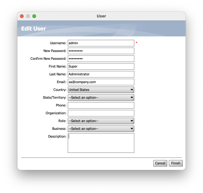 Edit User screen requesting username, password, and optional demographic information