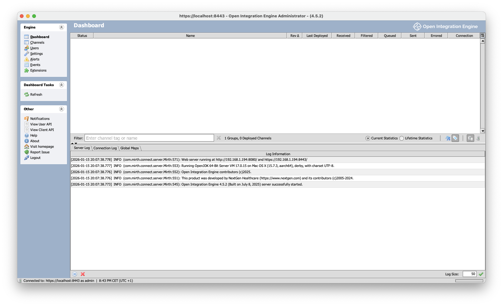 Application ready to use at the Dashboard screen showing no deployed channels and the server startup messages in the log section