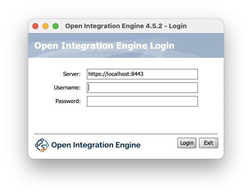 Open Integration Engine Login screen with server field pre-populated and blank username and password